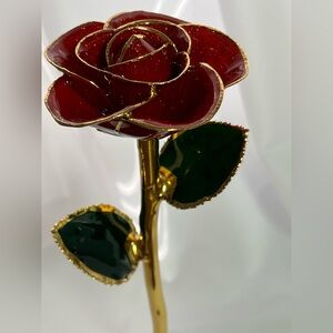 NIB Real Red Rose Preserved & Trimmed in 24 Karat Gold w/Display Vase